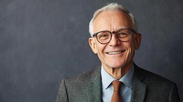 An older man wearing glasses and a suit photo