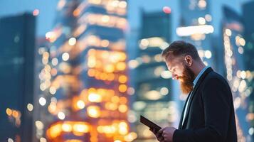 A man with a beard and a tablet in front of a city photo