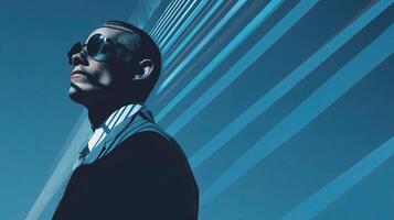 A man in sunglasses and a suit is looking up photo