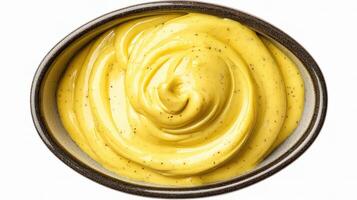 A bowl of yellow mustard on a white background photo
