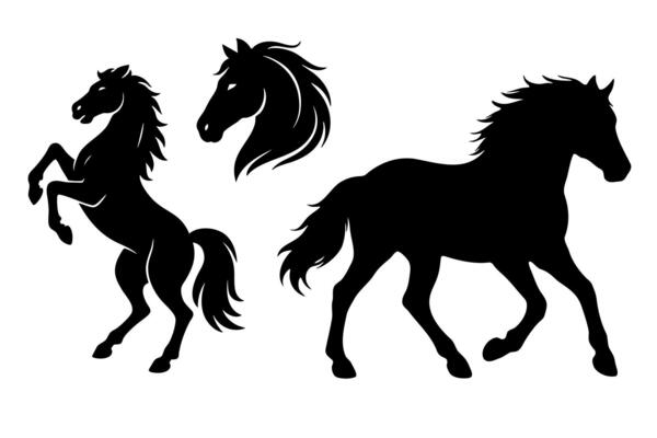 Black horse silhouettes set isolated on white background