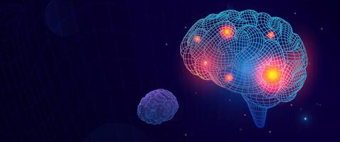 Digital Wireframe Brain With Glowing Pain Points Headache Symbolizing, Neural Discomfort On Futuristic Background. Ideal For Medical And Health Topics. Superwide Illustration. vector