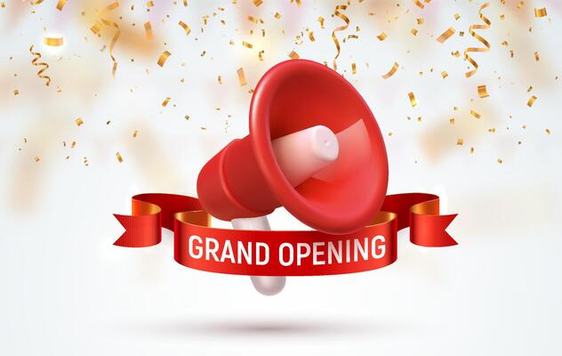 Grand Opening Announcement with Red Megaphone, Shiny Ribbon, and Gold Confetti. Perfect for Promotions and Celebrations. Illustration