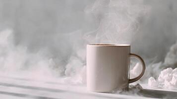 A white coffee cup with steam coming out of it photo