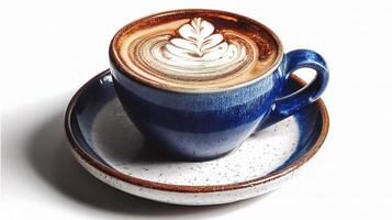 A blue cup of coffee with a leaf design photo