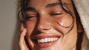 A woman is smiling while wearing a towel photo