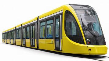 A yellow train is on the tracks photo