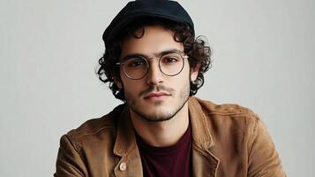 A man with glasses and a hat wearing a brown jacket photo