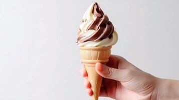 A person holding an ice cream cone with chocolate and vanilla photo