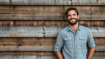 A man with a beard and shirt standing in front of a wooden wall photo