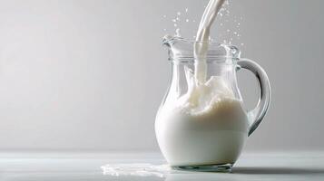 A jug of milk being poured into a glass photo