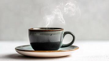 A black and white coffee cup with steam coming out of it photo