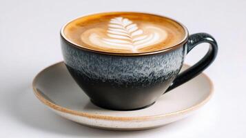 A black and white coffee cup with a leaf design photo