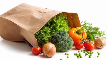 A paper bag full of vegetables and other food photo