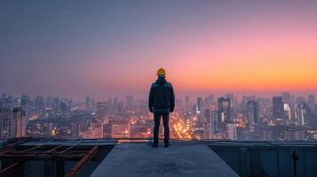 A man standing on a roof looking at the city at sunset photo