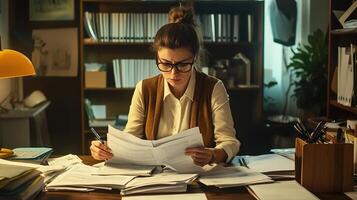 A woman in glasses is sitting at a desk with papers photo