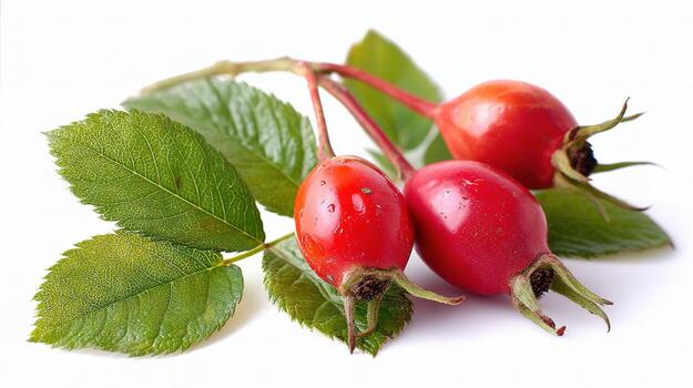 Three red berries with leaves on a white background photo