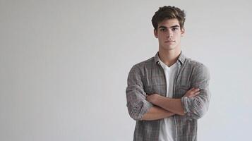 A young man is standing with his arms crossed photo
