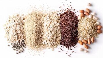 Various grains and seeds on a white background photo