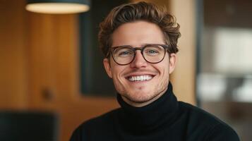 A man with glasses and a turtle neck sweater smiling photo