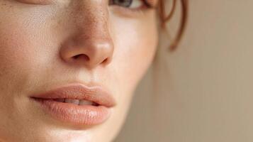A close up of a woman's face with freckles photo