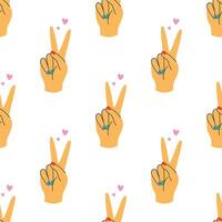 Pride Month seamless pattern with peace hand gesture and hearts. 70s style repeating ornament. Pride celebration background. Hand drawn flat design illustration. vector