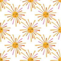 Seamless pattern of happy, winking Sun with rays. Cute background with joyful Sun. Minimalistic retro style repeating ornament. Hand drawn flat design illustration. vector