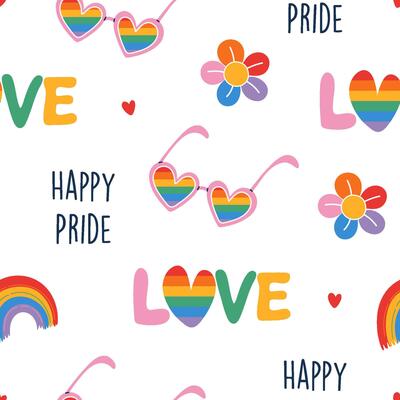 Pride celebration seamless pattern. Cute design with rainbow colors sunglasses, hearts, flowers and text. Happy pride background. Hand drawn flat design illustration.