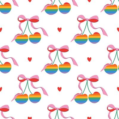 Pride celebration whimsical seamless pattern. LGBTQ minimalistic ornament with rainbow cherries with pink bows and hearts. Pride month background. Hand drawn flat design illustration.