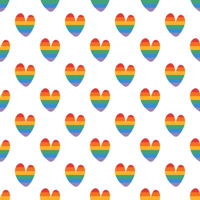 Rainbow heart pride seamless pattern. Happy pride minimalistic background. Hand drawn flat design illustration.
