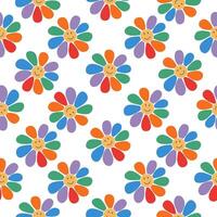 Colorful retro smiling face flower seamless pattern. Cute happy pride minimalistic rainbow colored background. Hand drawn flat design illustration. vector