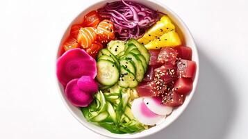 A bowl of sushi with cucumbers, radishes, and other vegetables photo
