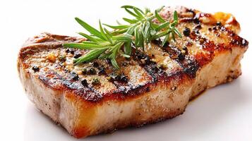 Grilled pork steak with rosemary sprigs photo