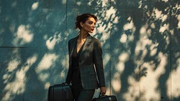 A woman in a suit and black suit carrying two suitcases photo
