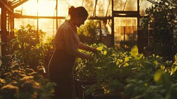 A woman is working in a greenhouse at sunset photo