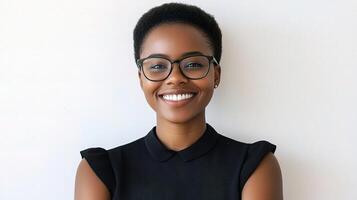 A smiling black woman wearing glasses and a black top photo