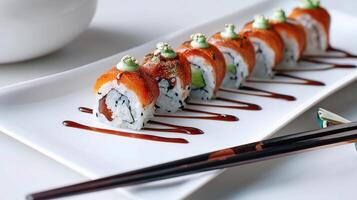 A sushi roll with sauce and chopsticks photo