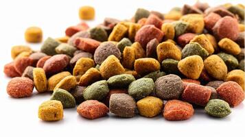 A pile of dog food on a white background photo