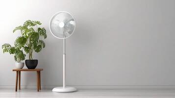 A white fan and a plant on a table photo