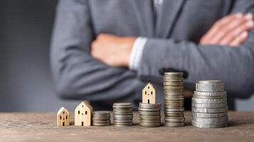 Businessman with stacks of coins and house on wooden table photo