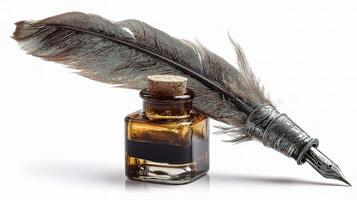 A quill and ink bottle with a feather photo