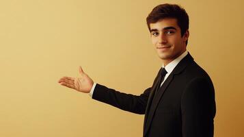 A man in a suit is pointing at something photo