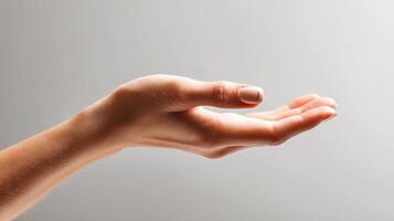 A person holding out their hand with a white background photo