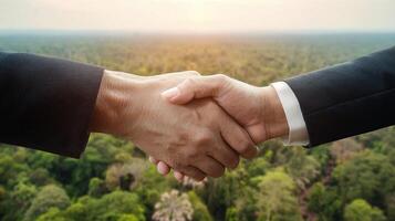 Businessman handshake with green forest background photo