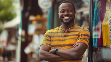 A smiling man standing in front of a store photo