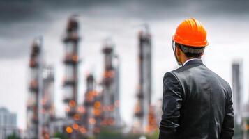 A man in a suit and hard hat looking at an oil refinery photo