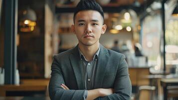 Asian man in business suit standing in front of a restaurant photo