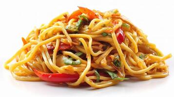A plate of noodles with vegetables and peppers photo