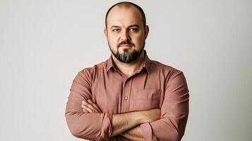 A man with a beard and a pink shirt photo