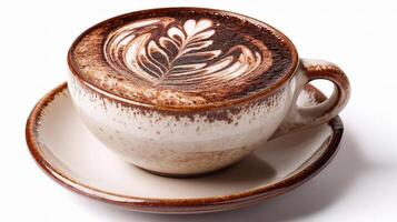 A cup of coffee with a leaf design on top photo